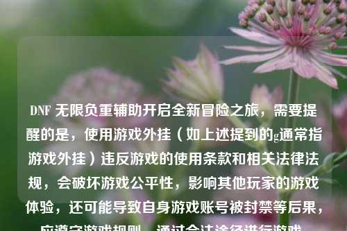 DNF 无限负重辅助开启全新冒险之旅,需要提醒的是,使用游戏外挂(如上述提到的g通常指游戏外挂)违反游戏的使用条款和相关法律法规,会破坏游戏公平性,影响其他玩家的游戏体验,还可能导致自身游戏账号被封禁等后果,应遵守游戏规则,通过合法途径进行游戏。