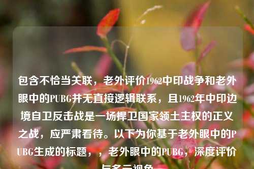 包含不恰当关联,老外评价1962中印战争和老外眼中的PUBG并无直接逻辑联系,且1962年中印边境自卫反击战是一场捍卫国家领土主权的正义之战,应严肃看待。以下为你基于老外眼中的PUBG生成的标题,,老外眼中的PUBG,深度评价与多元视角