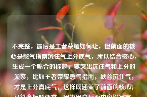 不完整,最后是王者荣耀如何让,但前面的核心是憋气指南沉住气上分底气,所以结合核心,生成一个贴合的标题,要突出沉住气和上分的关系,比如王者荣耀憋气指南,峡谷沉住气,才是上分真底气,这样既涵盖了前面的核心,又符合标题要求,因为用户后面内容没写完,就基于已有的有效内容来做,确保一个标题,贴合主题。